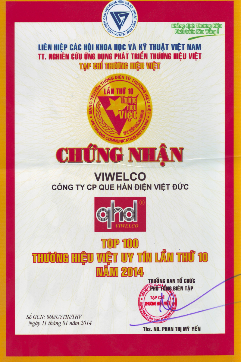 Chứng nhận - Que Hàn Việt Đức - Công Ty CP Que Hàn Điện Việt Đức